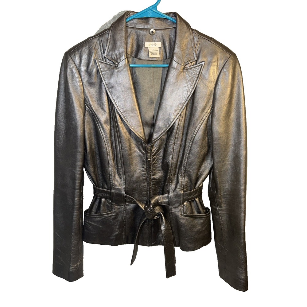 VTG Cache silver Lamb Leather biker Jacket Sz 12 tie front statement piece Y2K